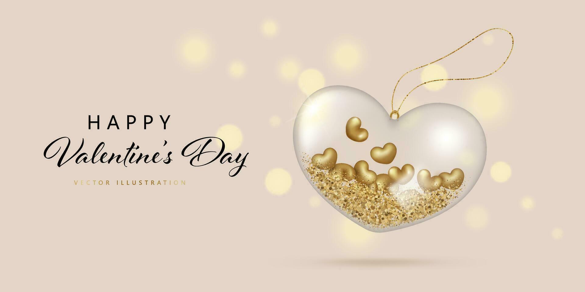 Valentines Day Elegant Banner with Transparent Glass Heart with glitter inside. Vector illustration in a 3D style