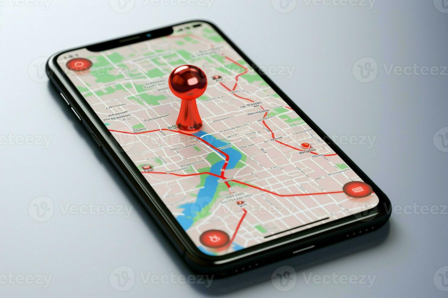 AI generated Location app Smartphone display with 3D red map pointer photo