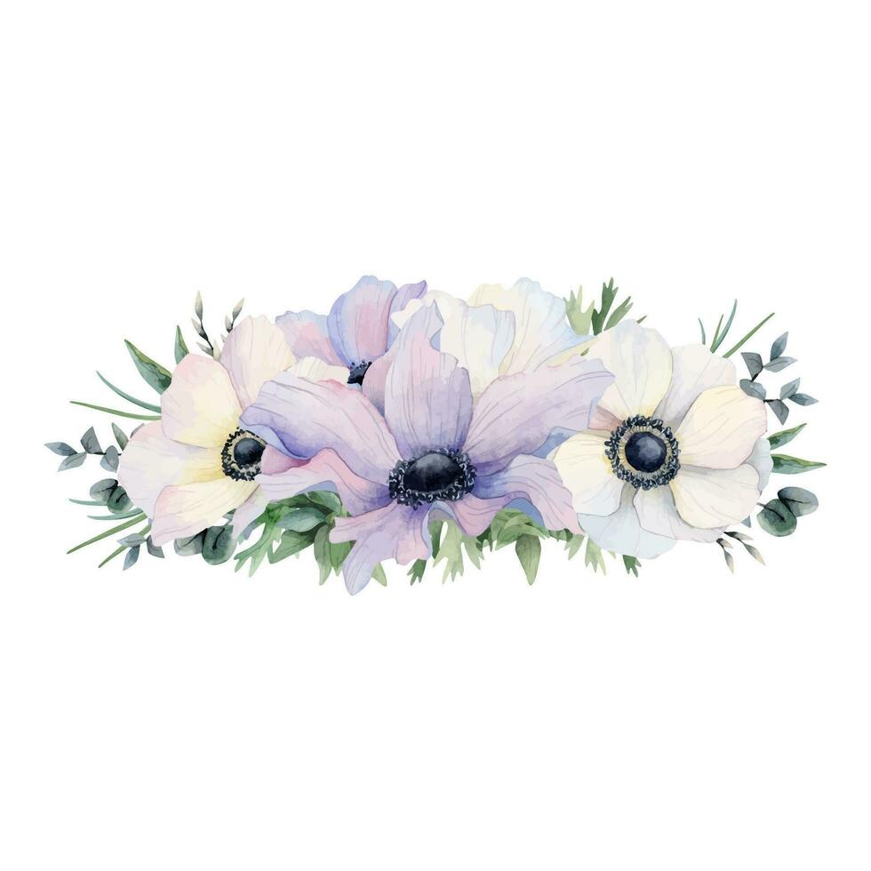 Pastel purple and white anemone flowers horizontal wedding banner with eucalyptus watercolor vector floral illustration