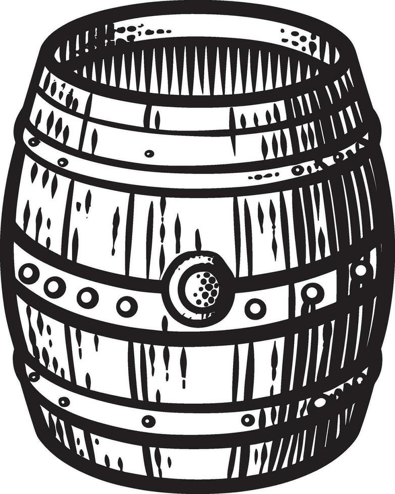 A black and white illustration of a wooden barrel in engraving style on a white background. vector