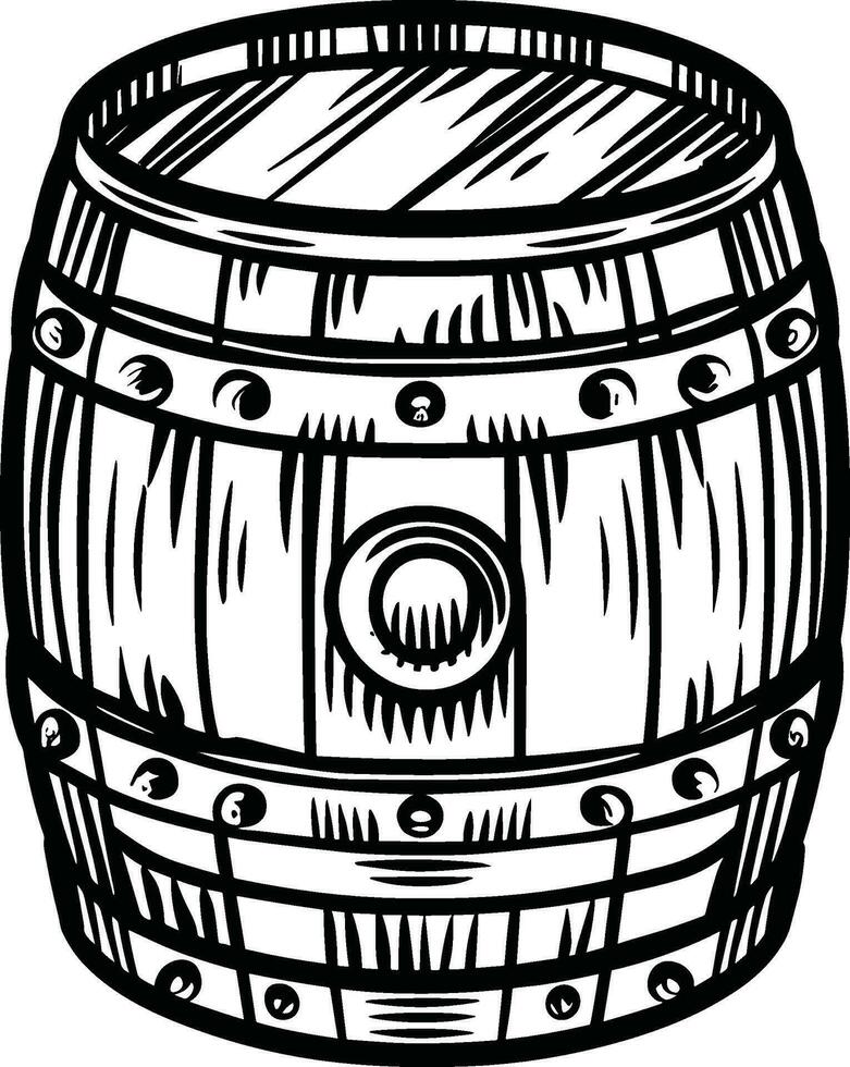 A black and white illustration of a wooden barrel in engraving style on a white background. vector