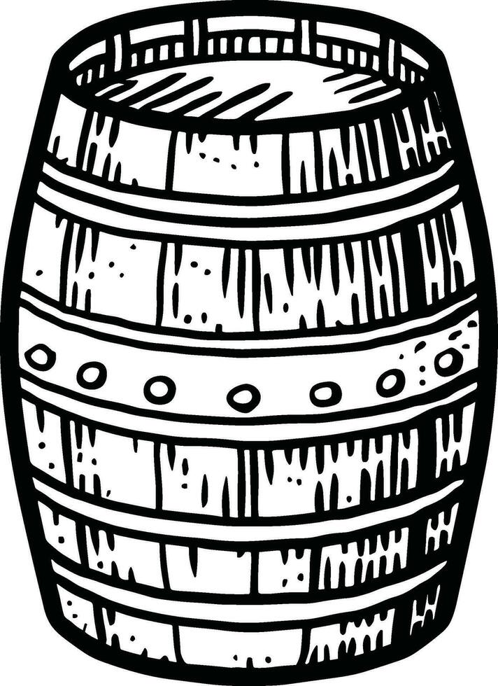 A black and white illustration of a wooden barrel in engraving style on a white background. vector