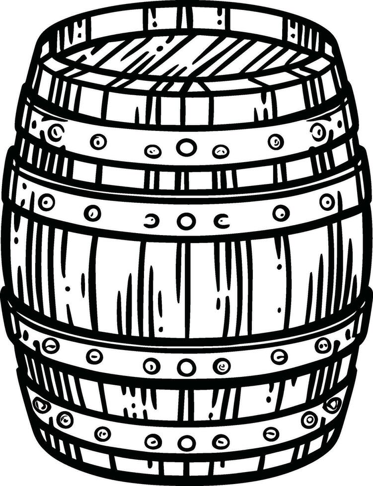 A black and white illustration of a wooden barrel in engraving style on a white background. vector