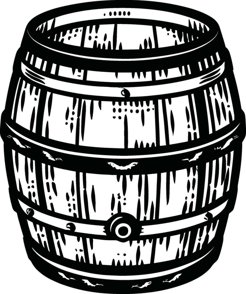 A black and white illustration of a wooden barrel in engraving style on a white background. vector