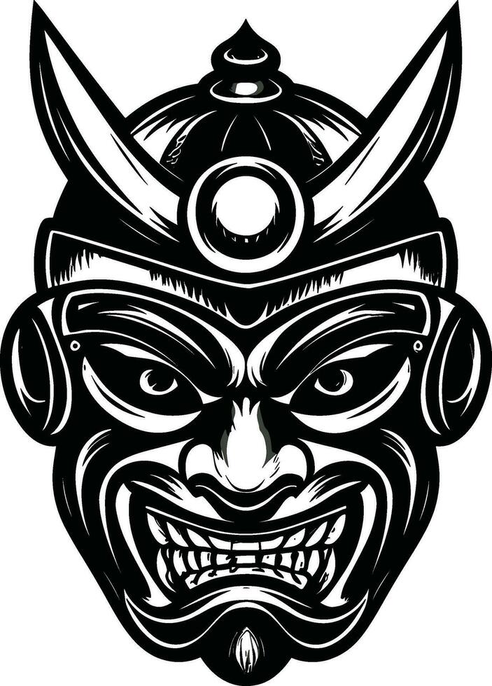 Traditional japanese warrior mask expression demonic face black and white vector japanese glyph soldier