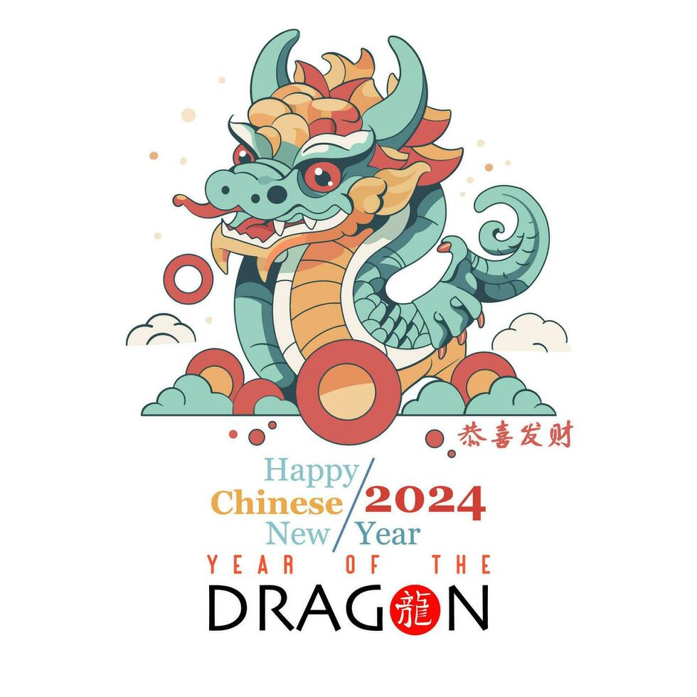 Chinese New Year 2024, year of the Dragon. Chinese zodiac dragon in  flat modern style , isolated background vector, Translate Happy New Year vector