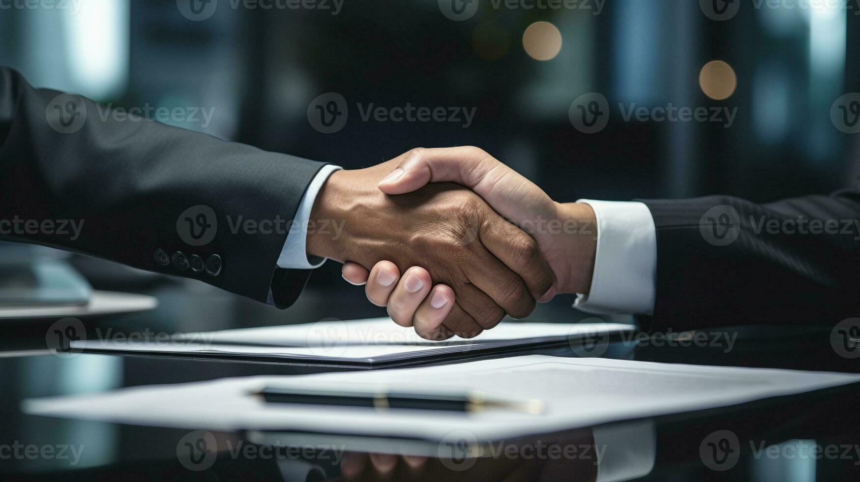 AI generated Hands shaking diversity businessmen ai generated close-up image background photo