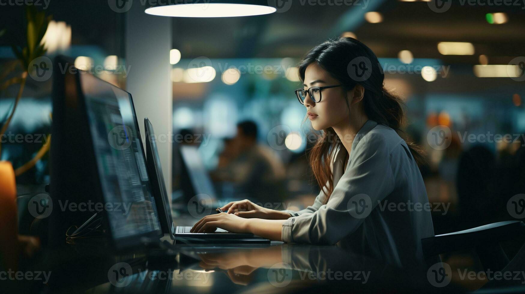 AI generated Asian female programming coder at workplace ai generated image wallpaper photo