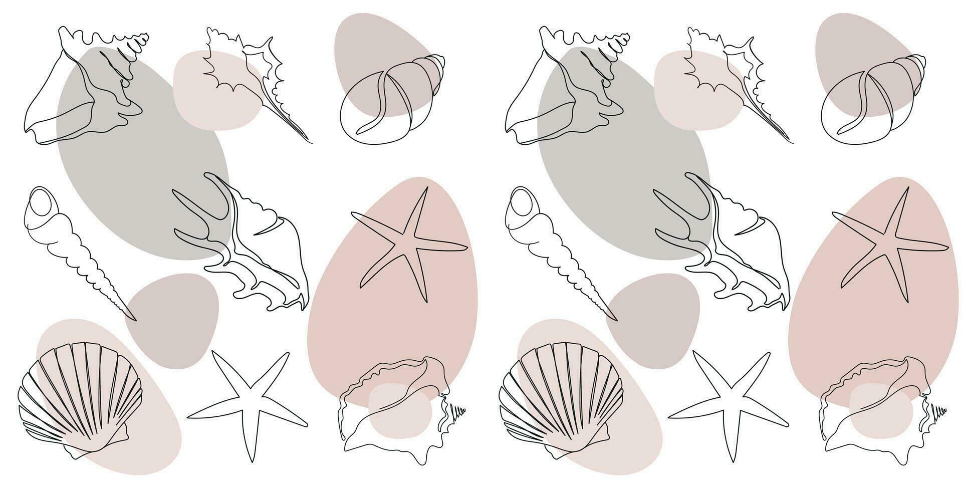 Seamless pattern with hand drawn outline seashells with colored abstract elements. Vector marine pattern for fashion design, fabric, paper, web design, textile