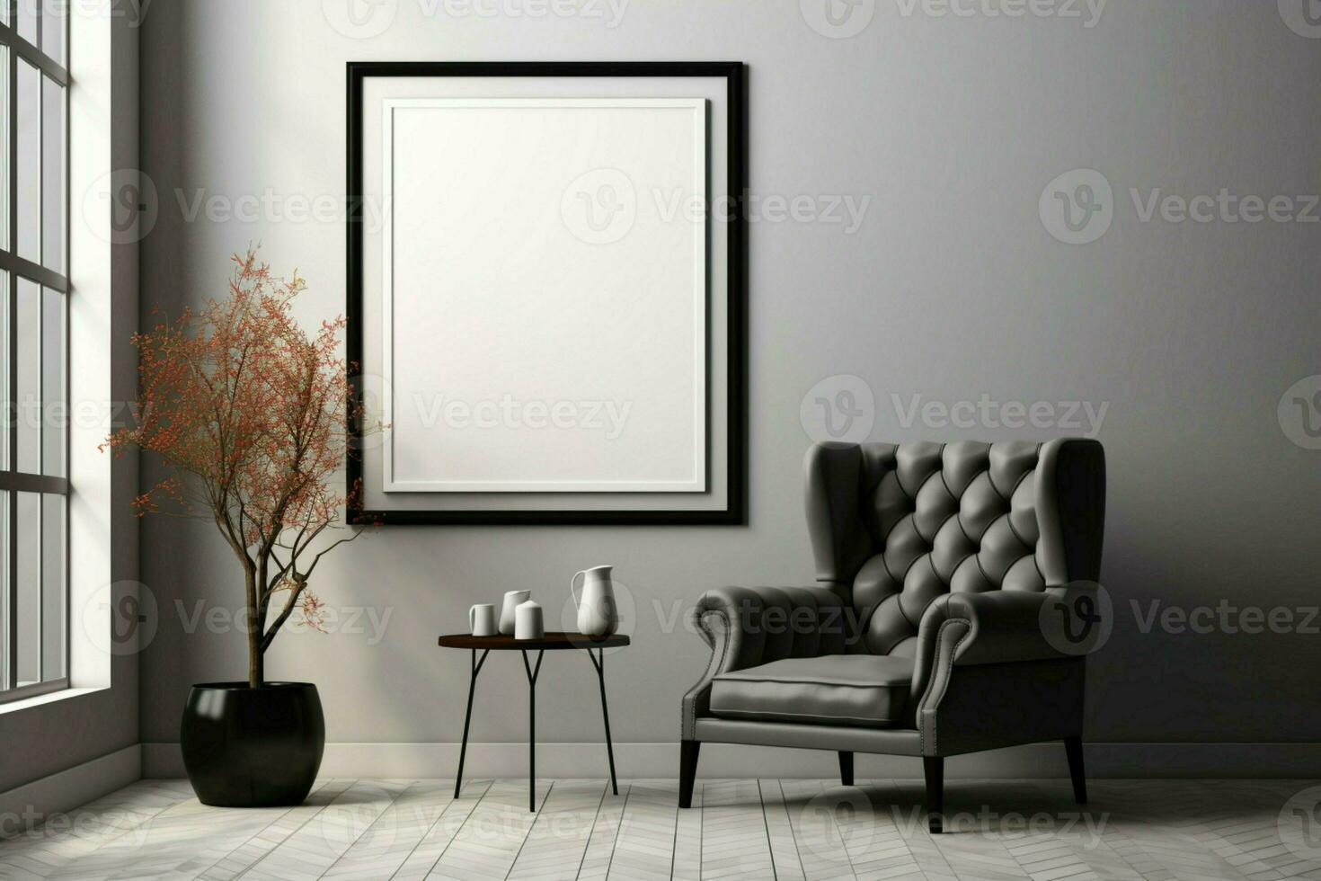 AI generated Interior elegance 3D mockup with white painting and black chair photo