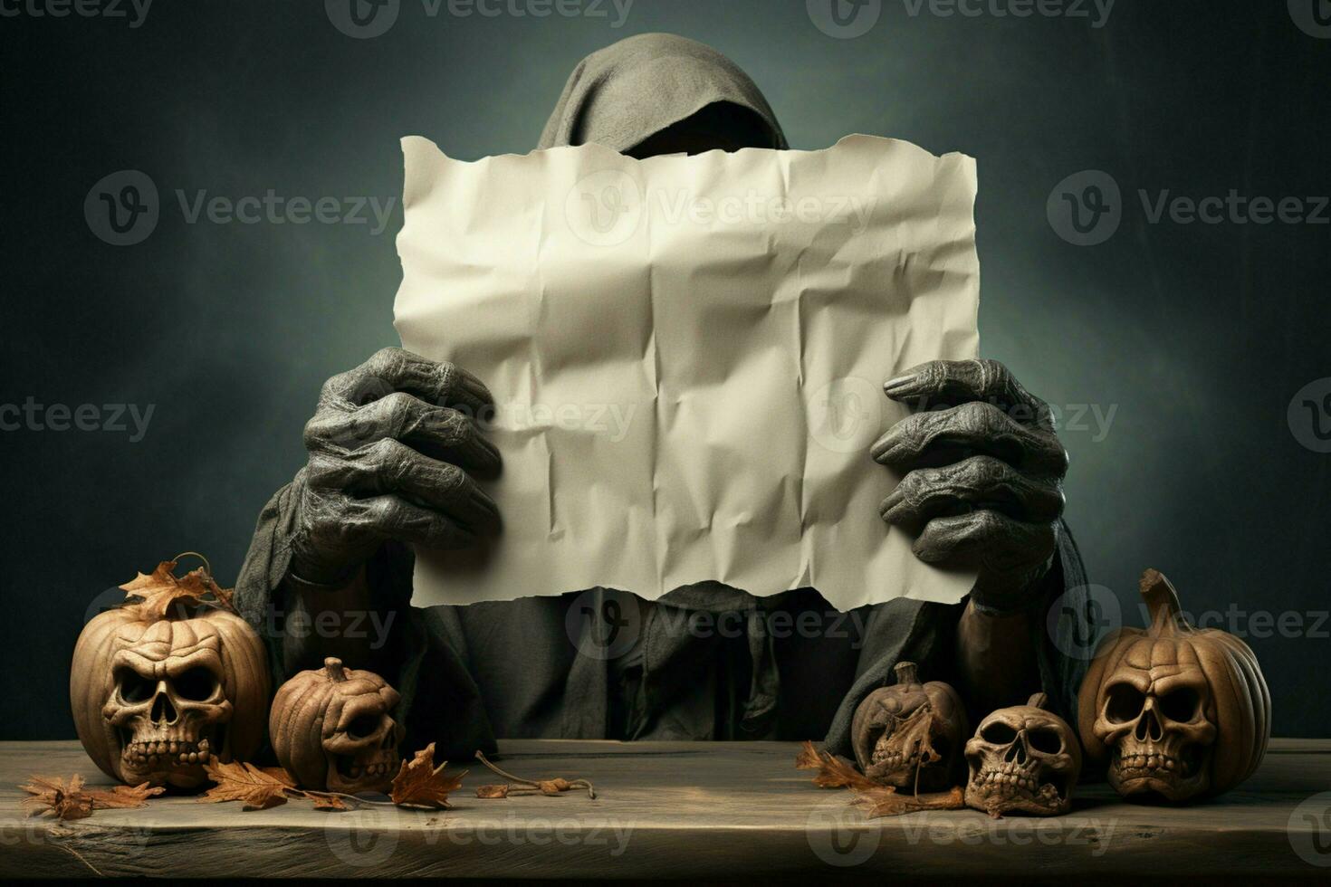 AI generated Halloween mystique Witchs hands hold blank paper, spooky background photo