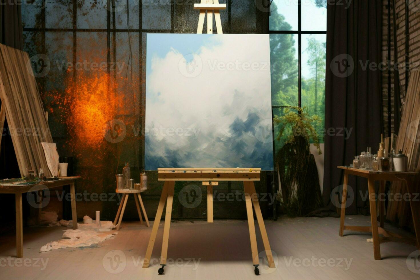 AI generated Contemporary art studio Wooden easel, blank canvas, a thriving artists sanctuary photo