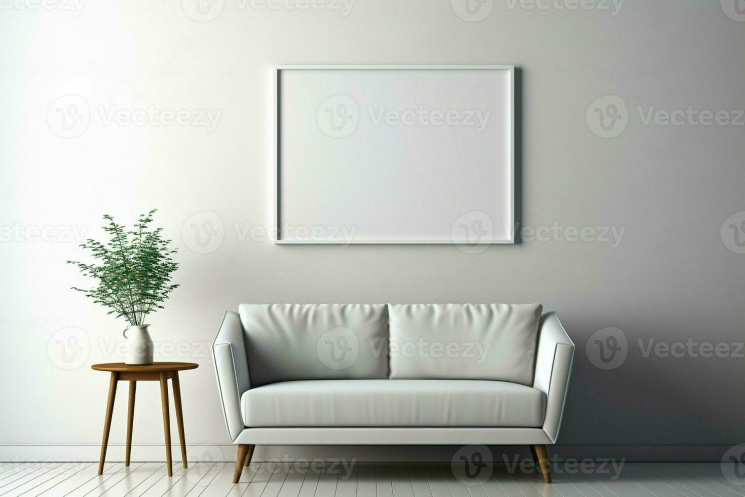 AI generated Minimalist elegance Empty frame mockup in white wall interior background photo