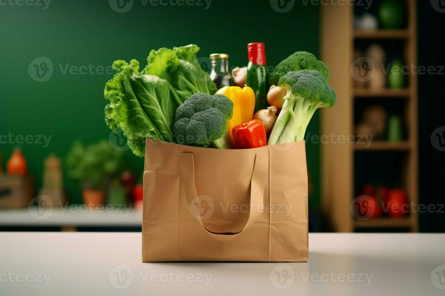 AI generated Green choices Fresh vegetables in paper bag, promoting organic lifestyle photo