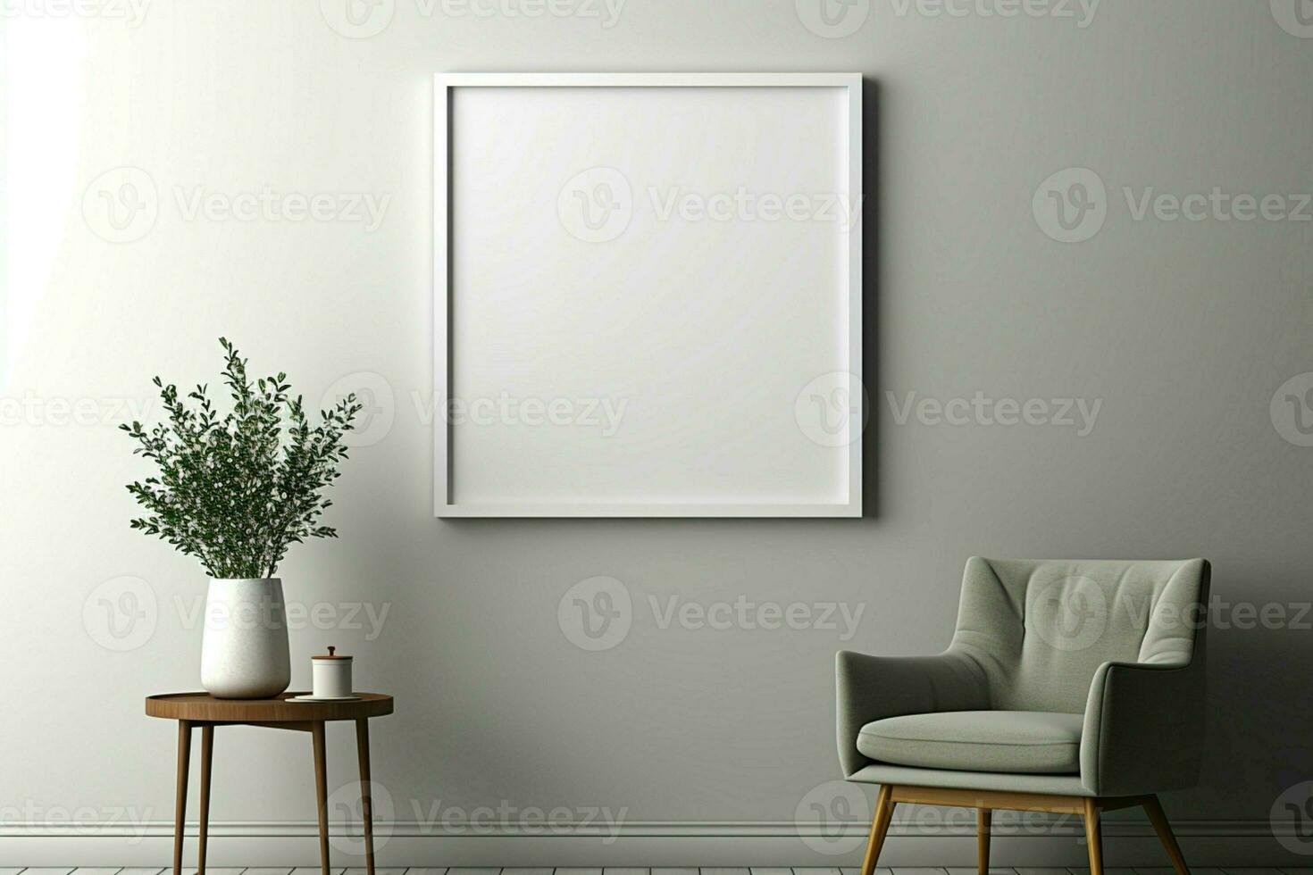 AI generated Minimalist elegance Empty frame mockup in white wall interior background photo