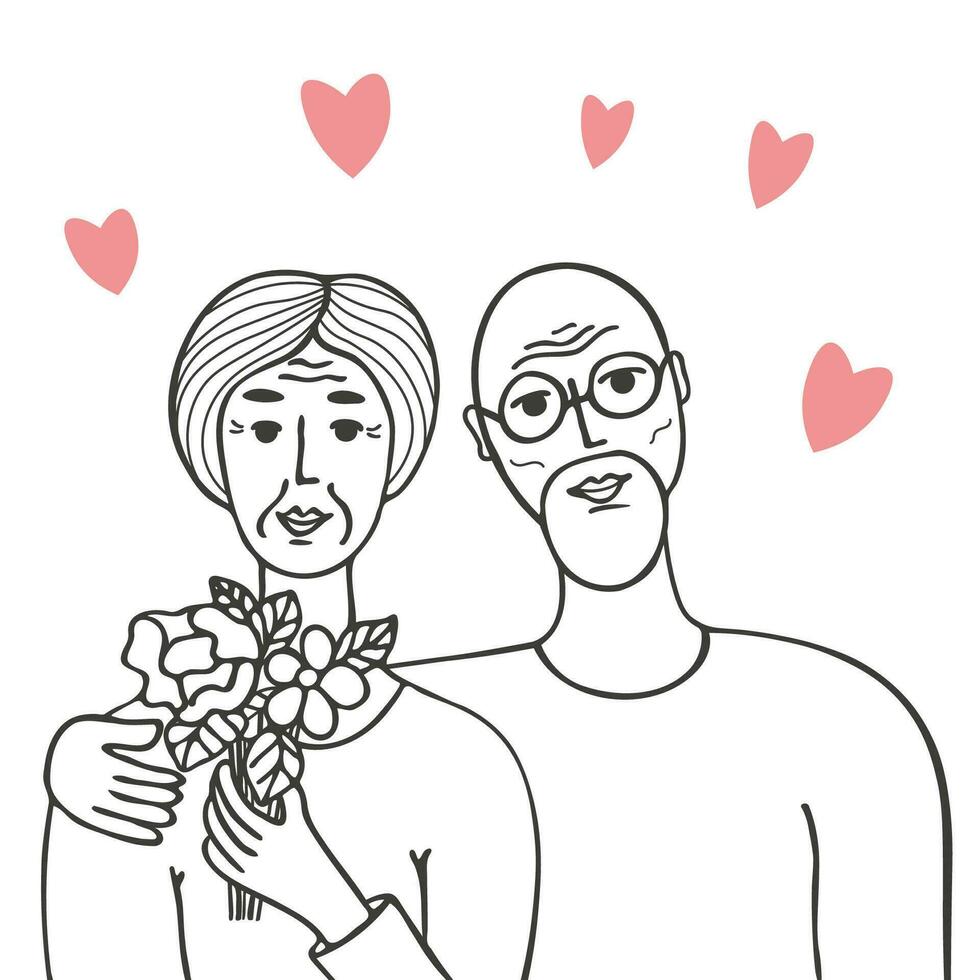 mayor parejas celebrando san valentin día mano dibujado vector ilustración. retirado Pareja ama cada otro. mayor mujer con flores y mayor hombre, humano relaciones, antiguo edad, celebracion