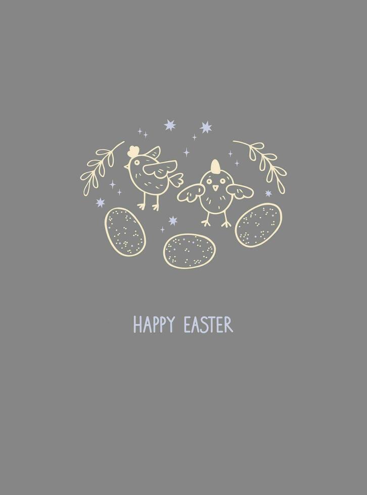 Happy Easter boho border hand drawn vector illustration. Spring card design with chickens, plants, dyed easter eggs festive motif. Background for congratulation, print, paper, poster, template, web