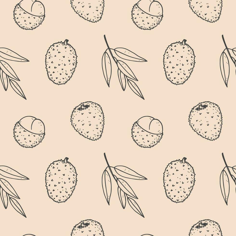 Lychee seamless pattern with tropical fruits hand drawn vector illustration. Repeating background with juicy litchi rambutan, food and drinks. Decorative ornament for print, paper, card, wrapping