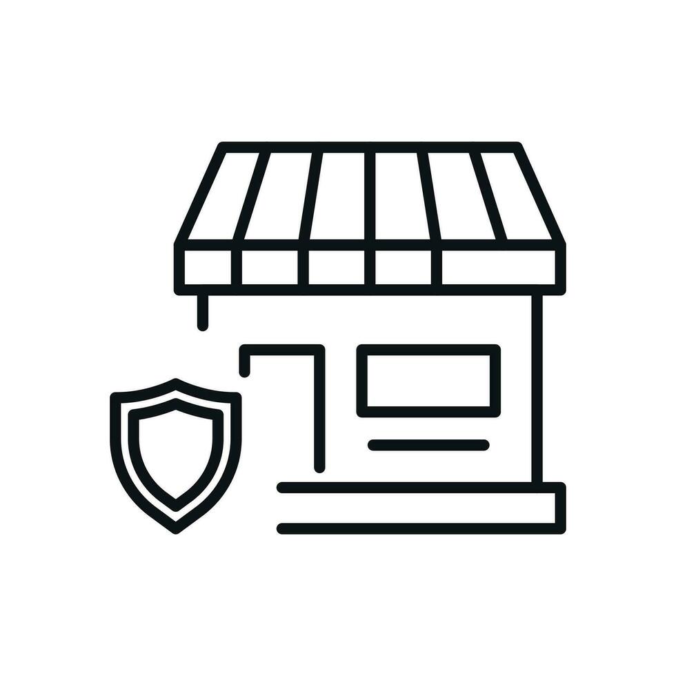 Shield by Store Isolated Line Icon. Perfect for web sites, apps, UI, internet, shops, stores. Simple image drawn with black thin line vector