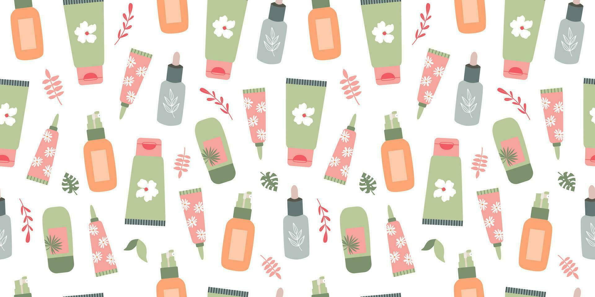 Natural eco cosmetics seamless pattern. Serum, cleanser, moisturizer, toner, essence. Beauty routine procedure. Anti-age. Cosmetic packaging - bottles, jars, tubes. Background, wrapping paper. vector