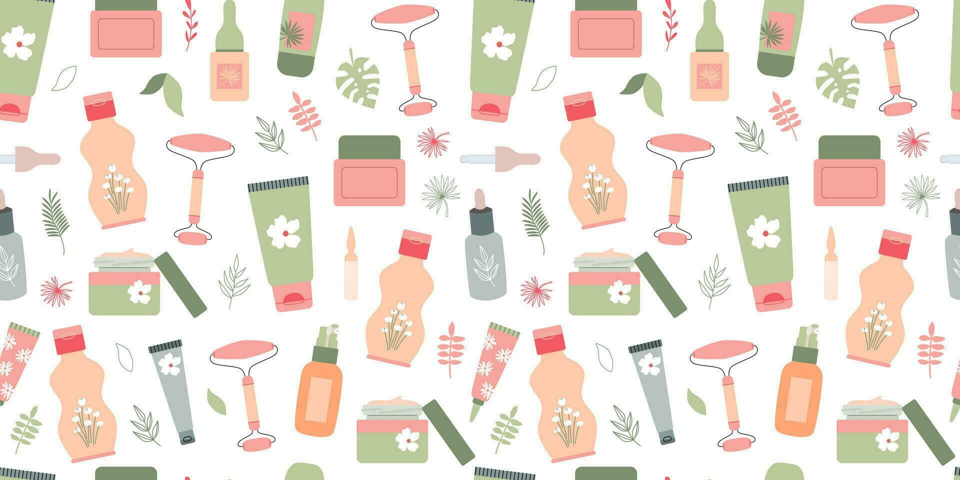 Skin care cosmetics seamless pattern. Facial roller, serum, cleanser, moisturizer, toner, essence. Beauty routine procedure. Anti-age. Bottles, jars, tubes, ampoules. Background, digital paper. vector