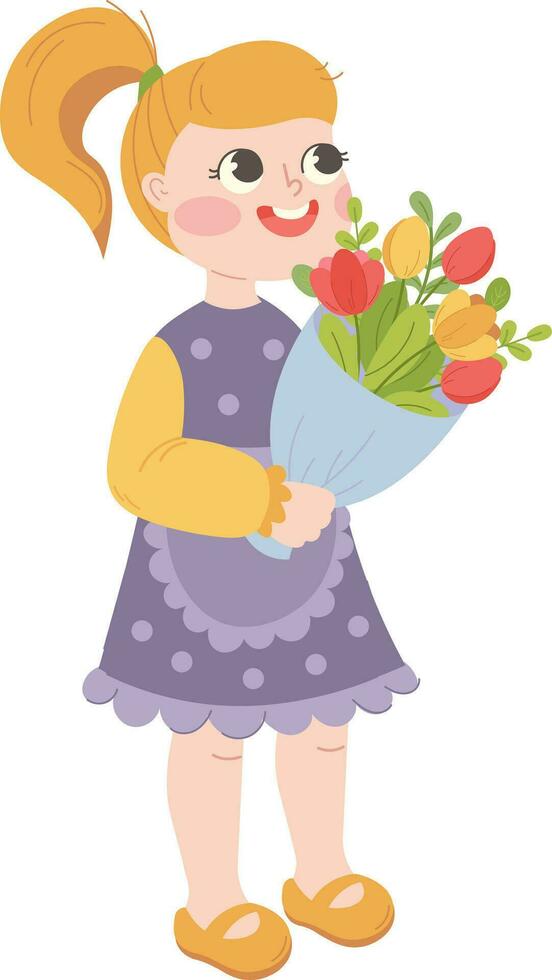 Girl with ponytail and in blue dress holds bouquet of tulips in her hands. Vector illustration for greeting cards