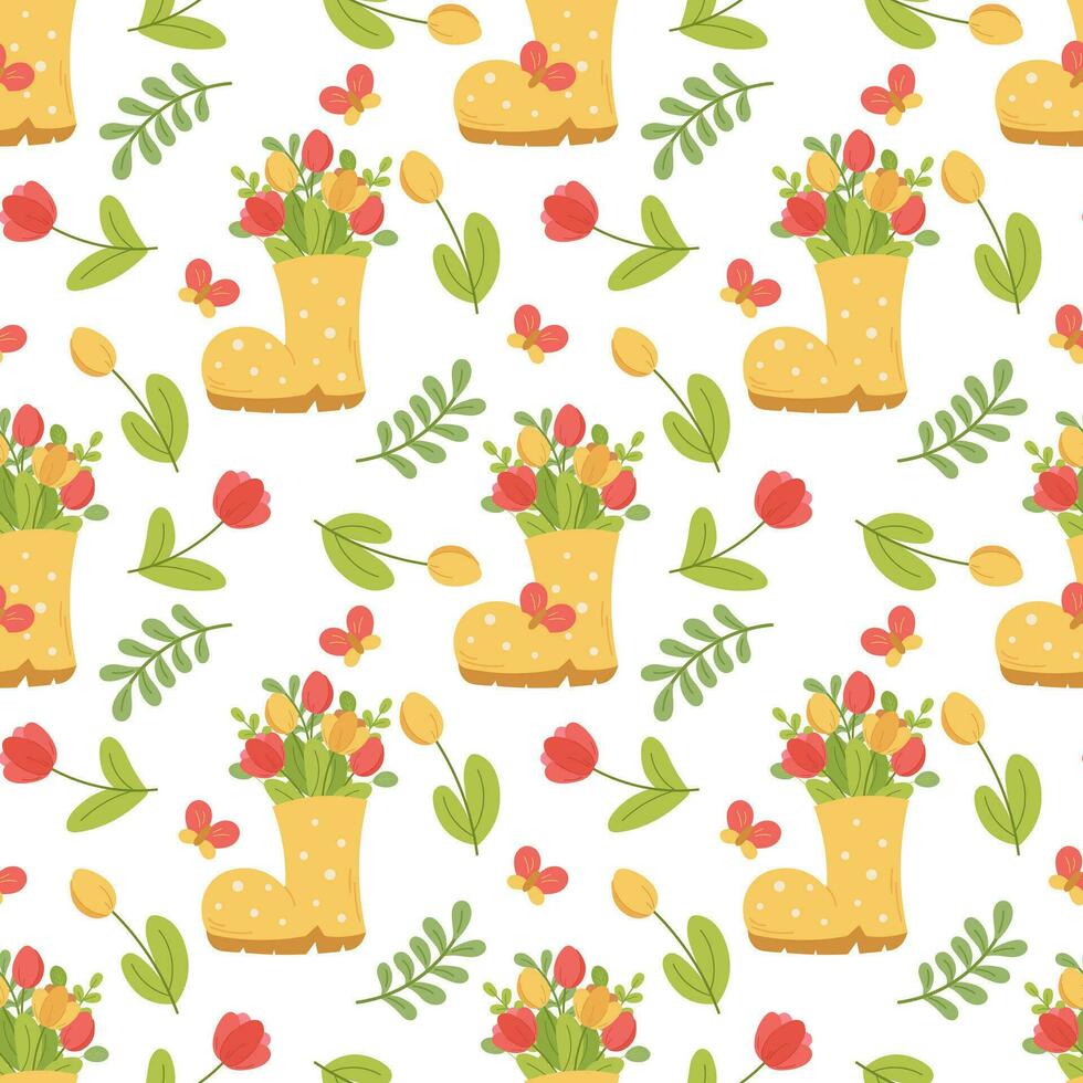 Seamless spring pattern with red and yellow tulips, twigs, butterflies and rubber boot. Vector illustration in cartoon style