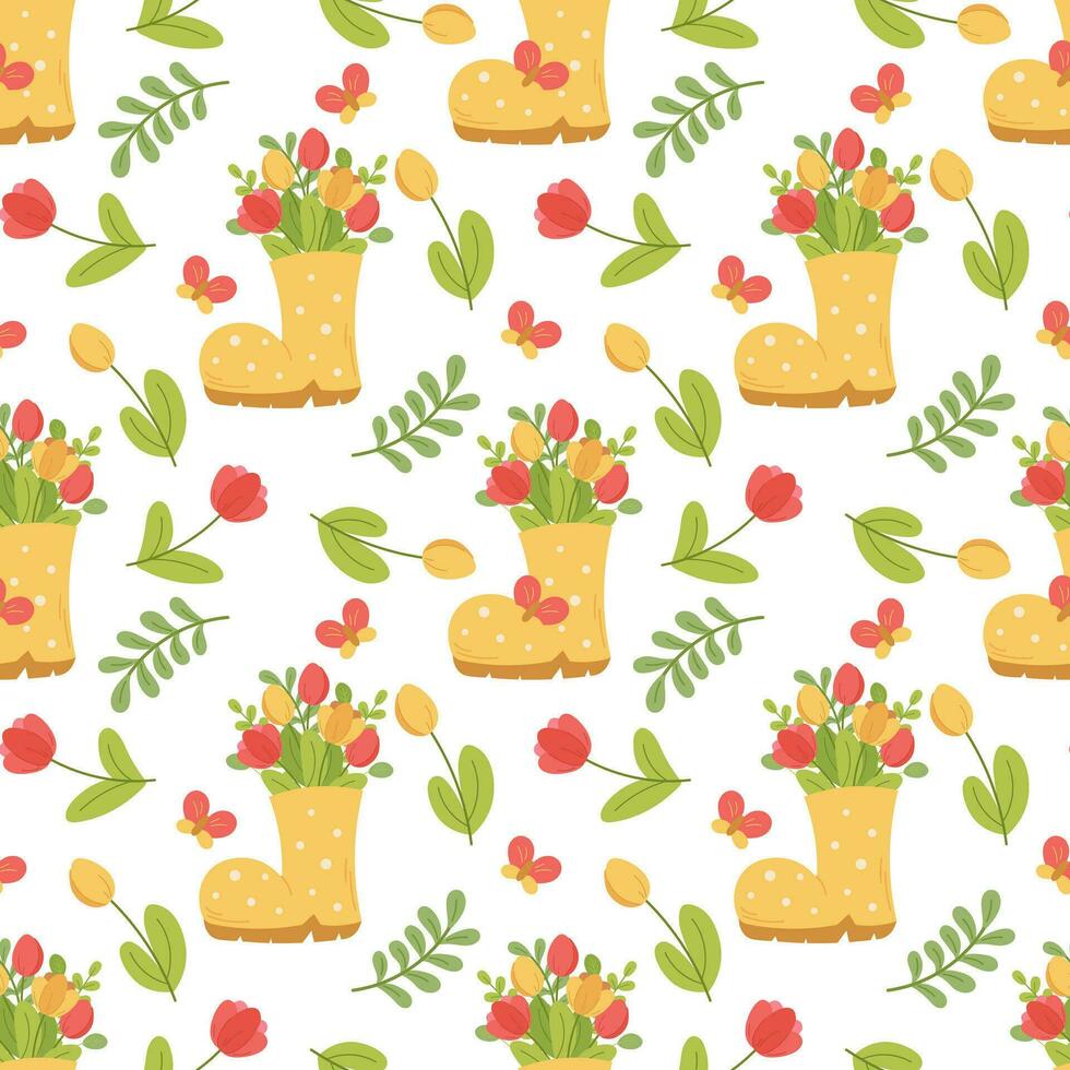 Seamless spring pattern with red and yellow tulips, twigs, butterflies and rubber boot. Vector illustration in cartoon style