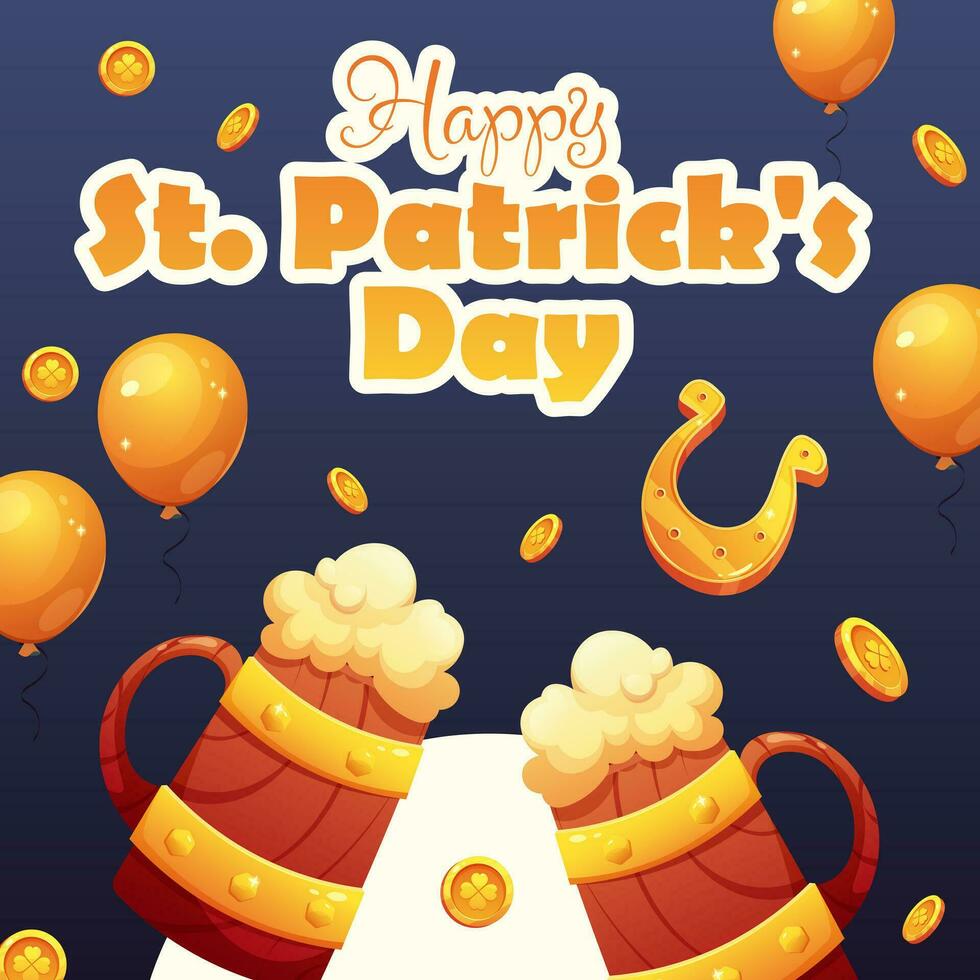 St. Patrick's Day greeting card. Wooden beer mugs, gold coins with four-leaf clover, balloons. Vector illustration for holiday