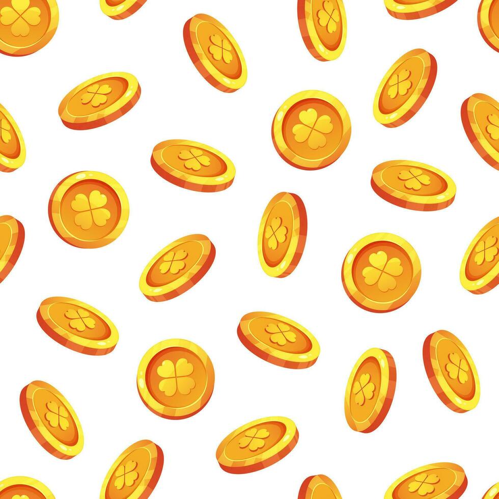 Seamless pattern with white background and gold coins. Falling gold coins with four leaf clover. Vector illustration in cartoon style