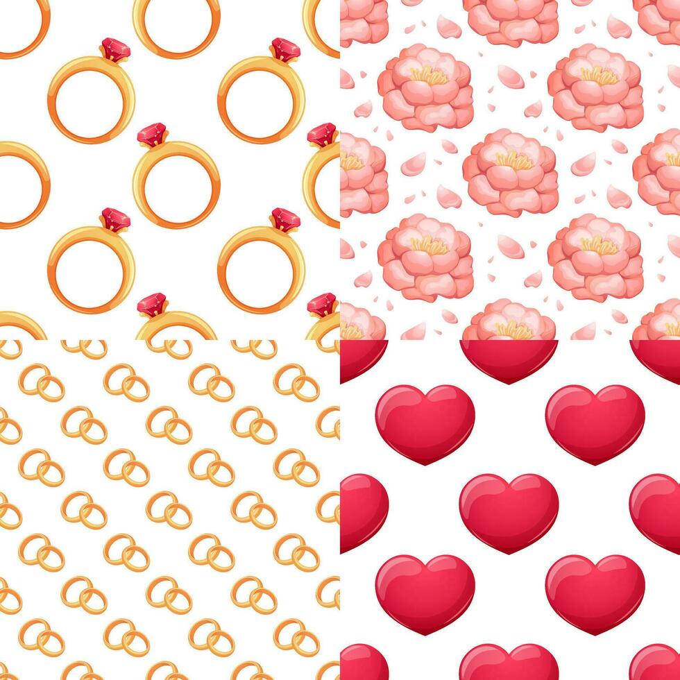 Set of wedding and Valentine's day patterns with hearts, glasses, rings, pink flowers and petals. Vector illustration in cartoon style