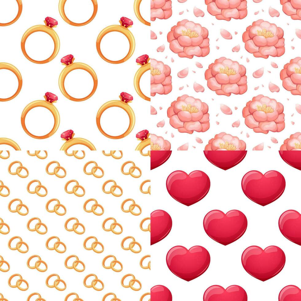 Set of wedding and Valentine's day patterns with hearts, glasses, rings, pink flowers and petals. Vector illustration in cartoon style