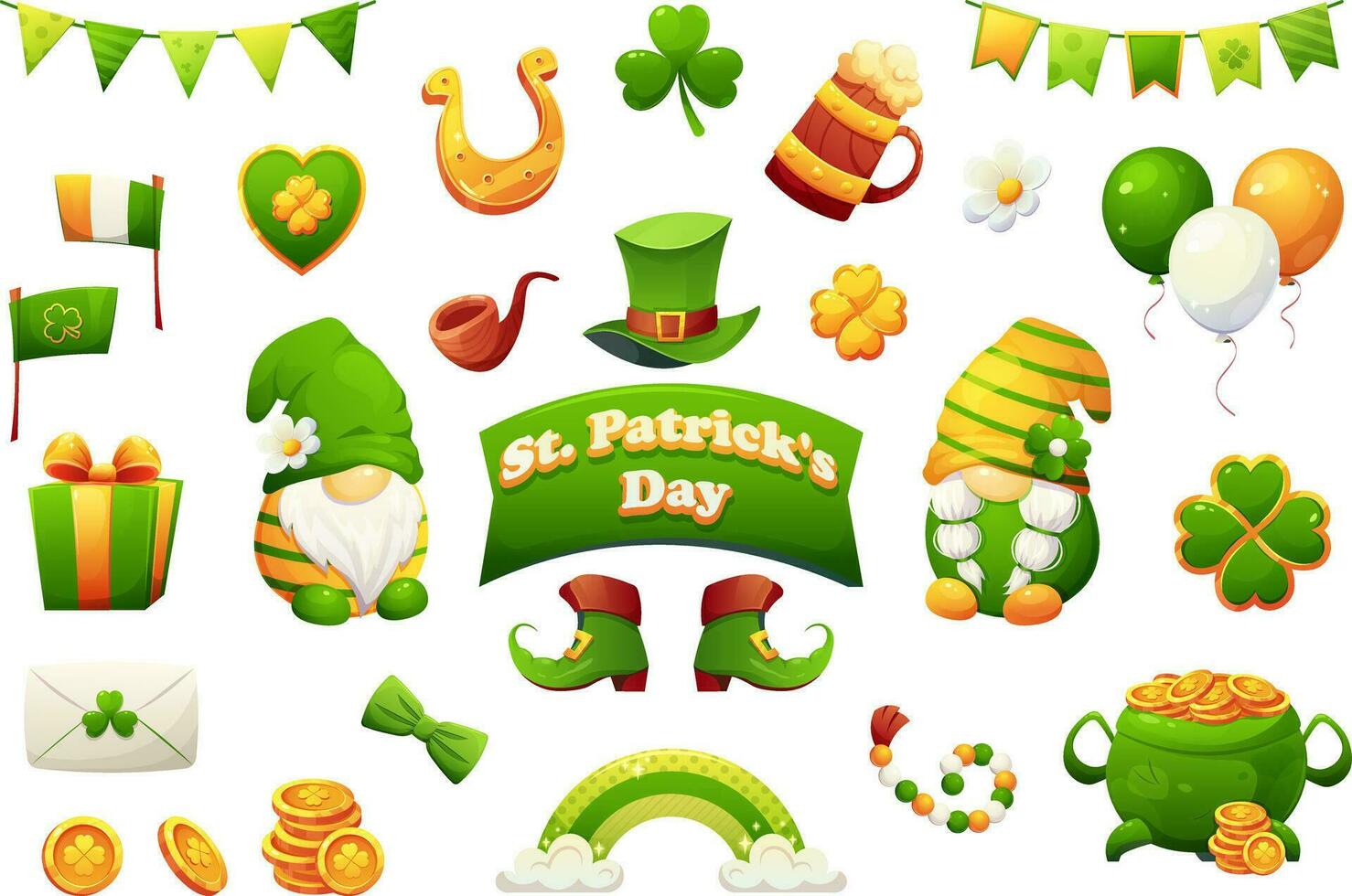 Big set for St. Patrick's Day in cartoon style. Scandinavian gnomes, clover, gold, festive balls and garlands, boots, hat, cauldron with coins, wooden mug with beer vector