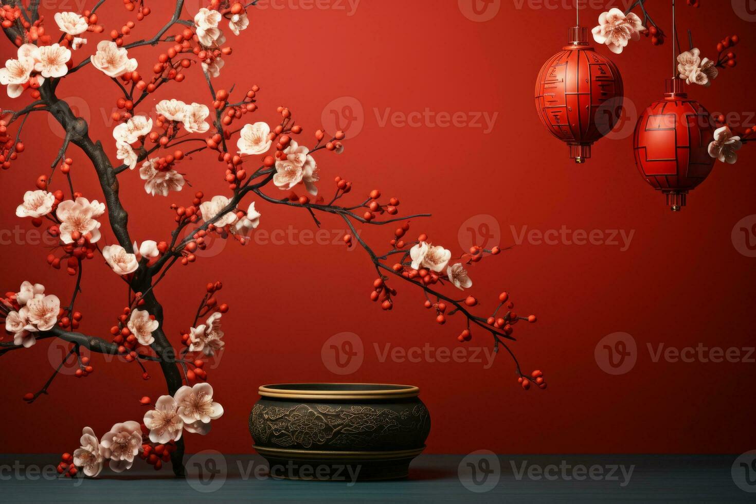 AI generated an image of Chinese New Year hanging lantern on red wall mockup photo