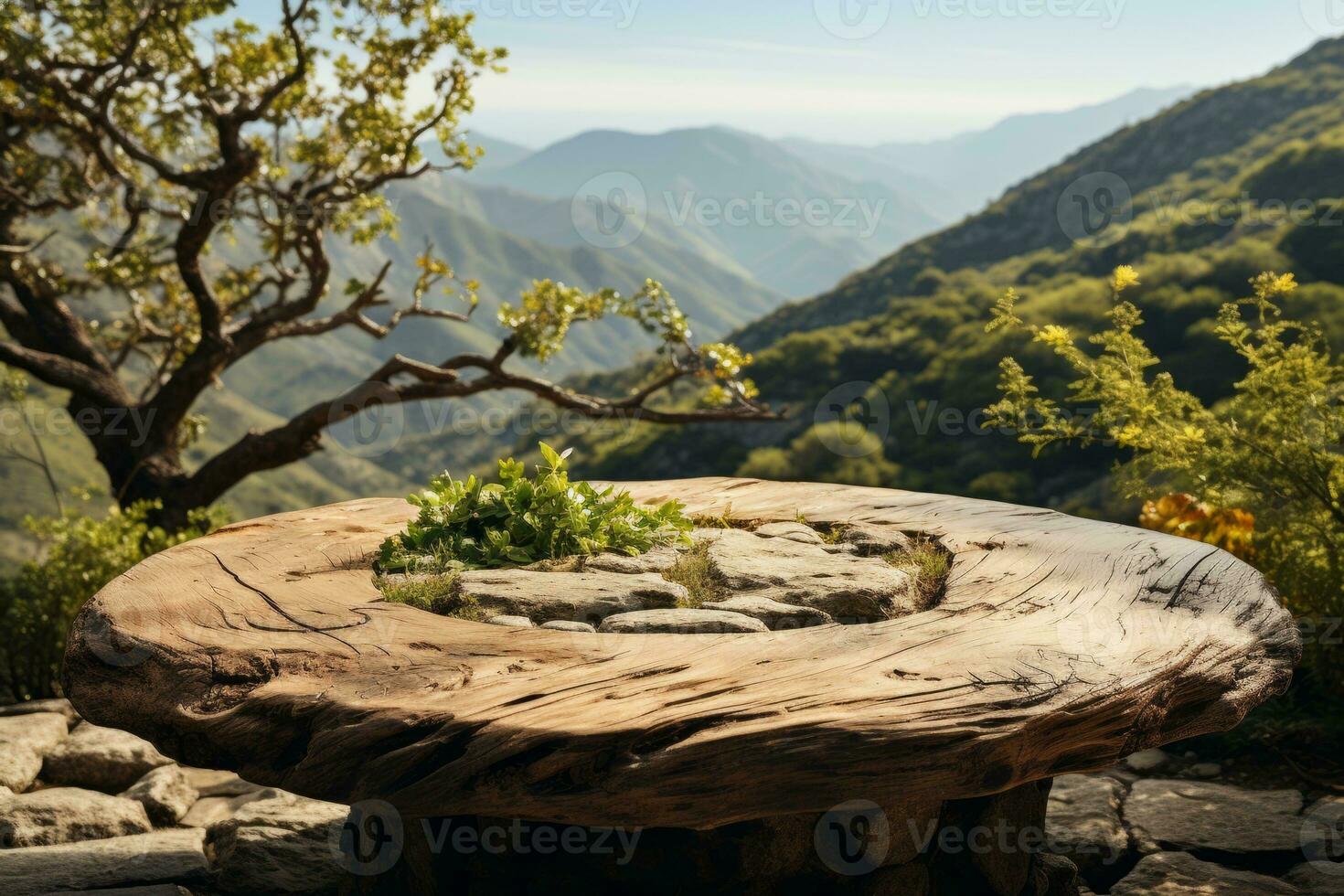 AI generated Empty wooden table at top with the mountain landscape photo