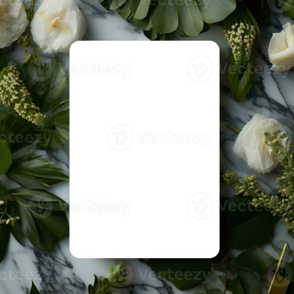 AI generated An empty card mockup behind the leaves and flower photo