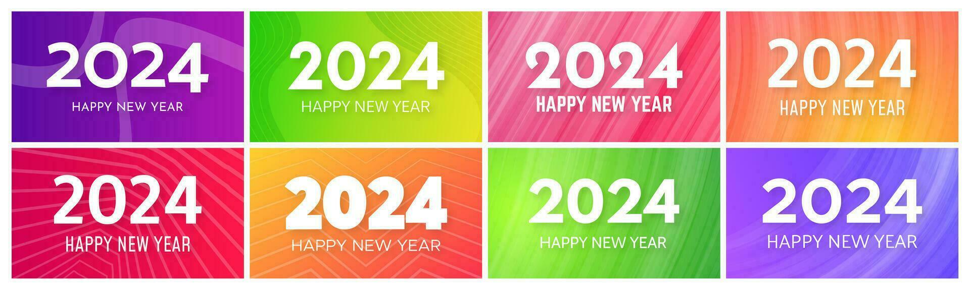 2024 Happy New Year backgrounds.  Set of eight modern greeting banner templates with white 2024 New Year numbers on colorful abstract backgrounds with lines. Vector illustration