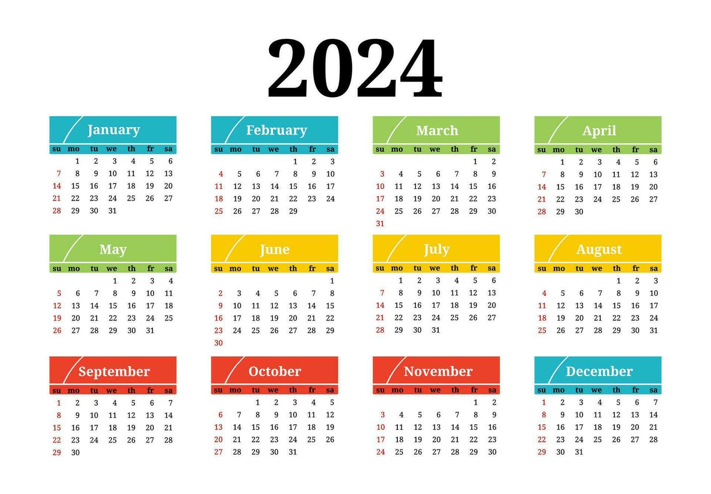 Calendar for 2024 isolated on a white background. Sunday to Monday