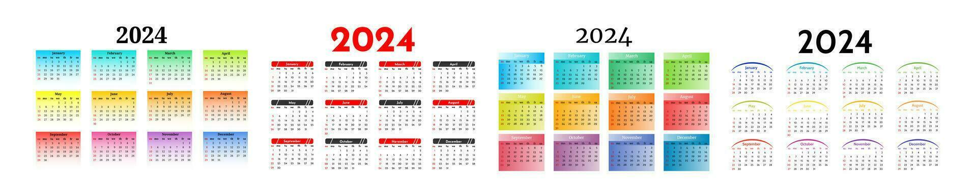 Set of four calendars for 2024 isolated on a white background. Sunday to Monday, business template. Vector illustration