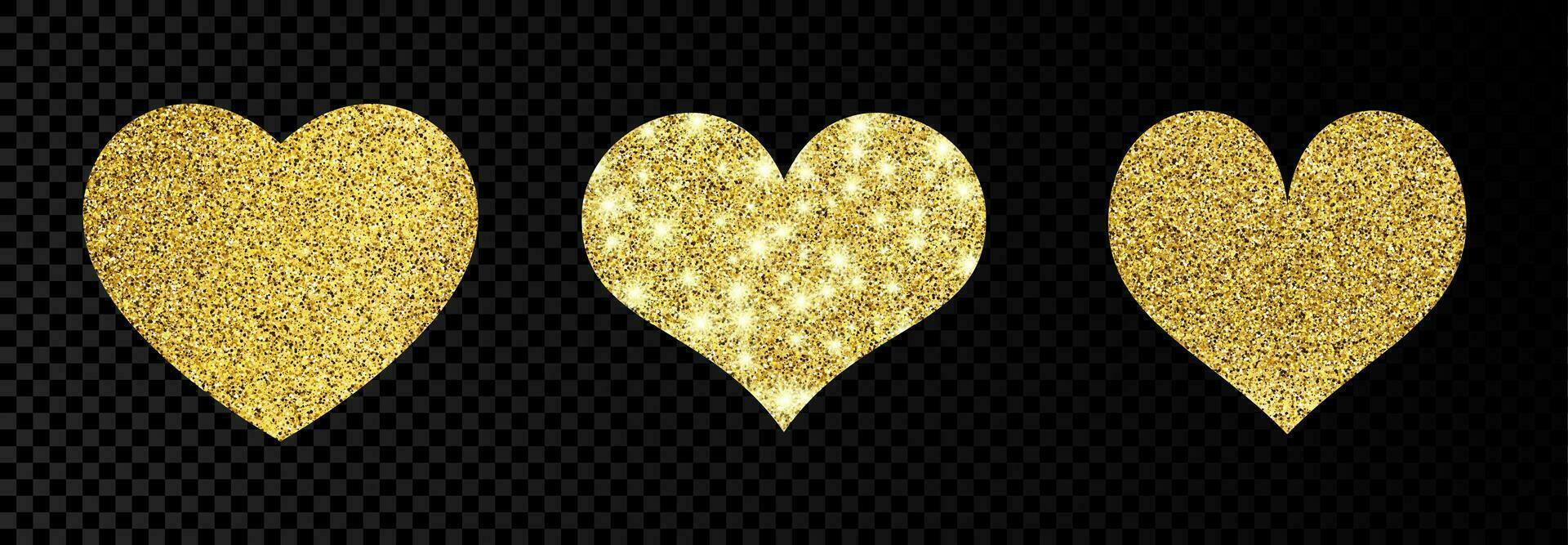 Set of three gold glittering hearts on dark background. Background with gold sparkles and glitter effect. Vector illustration