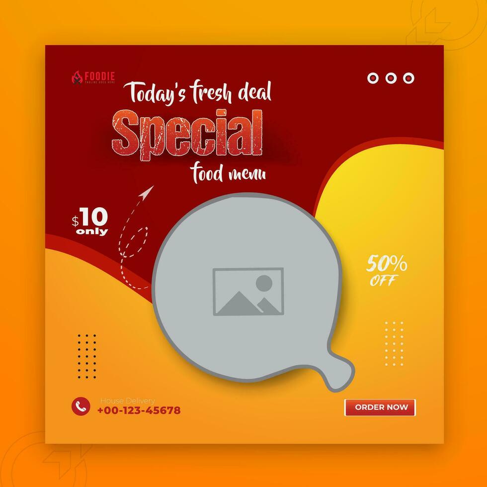 especial Pizza y comida menú social medios de comunicación enviar diseño con rojo y naranja color forma vector
