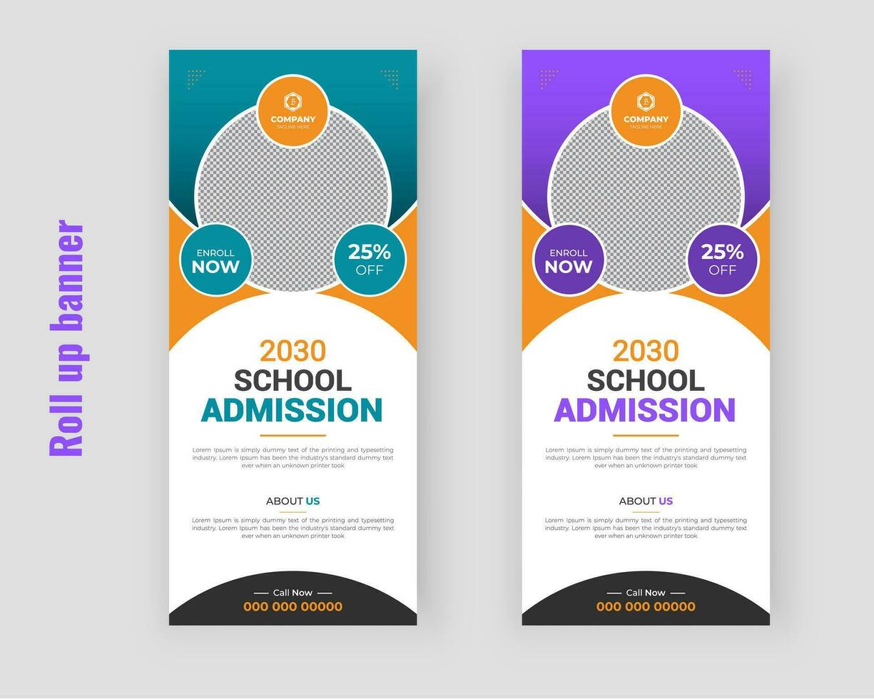 Roll up School admission template design and college banner or dl flyer kids school education study poster vector