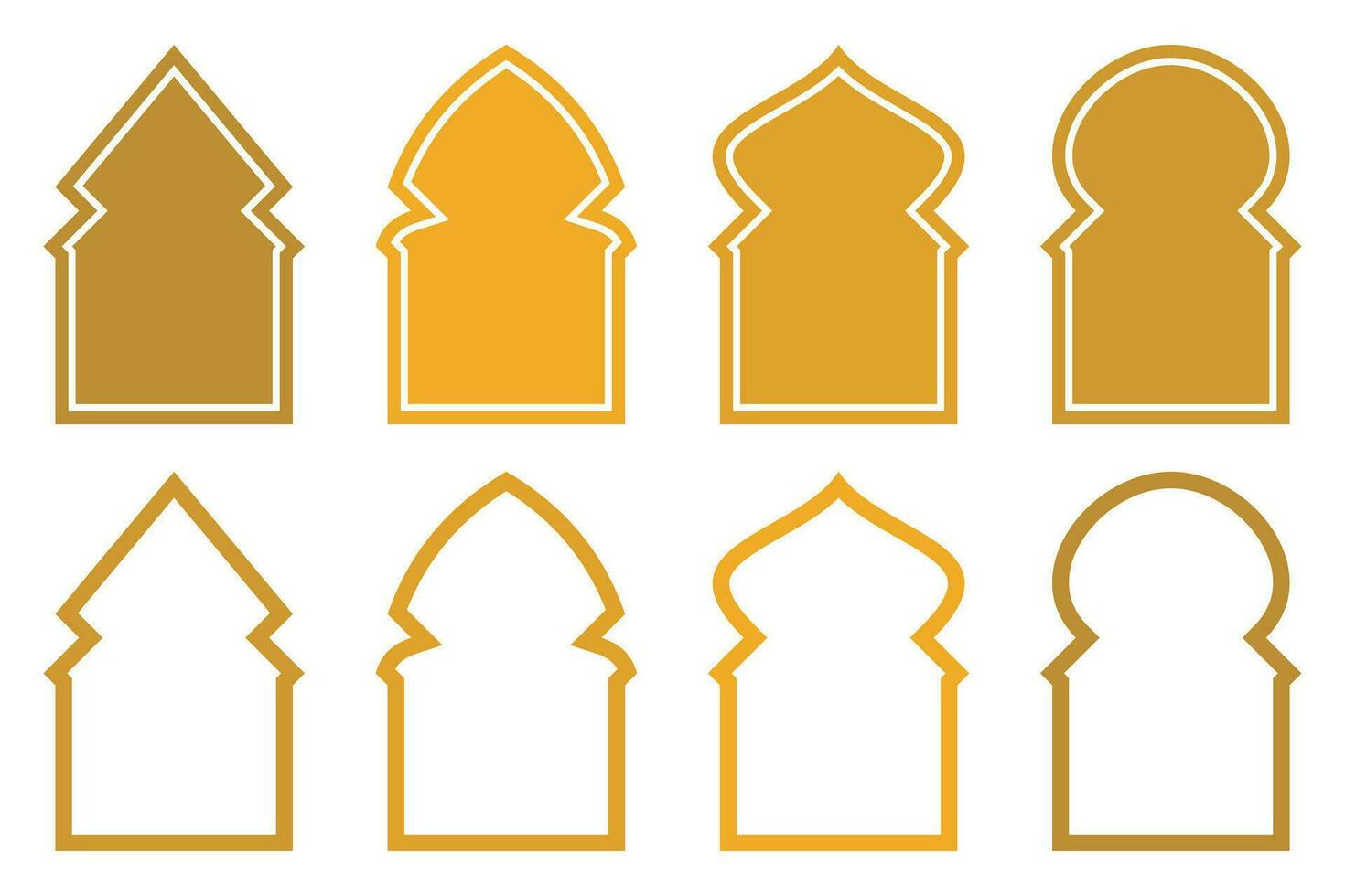Set of islamic style illustrations of silhouettes and lines. Stylish design of doors, windows, domes, mosques, lanterns, vector for islamic holidays.