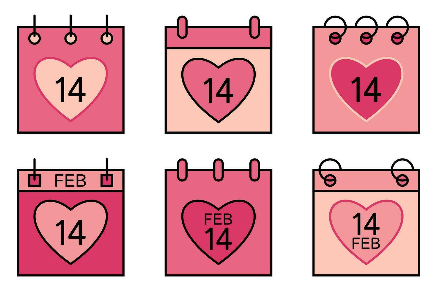 rosado San Valentín día calendario icono recopilación, con corazón símbolo. plano diseño aislado en blanco antecedentes. vector ilustración