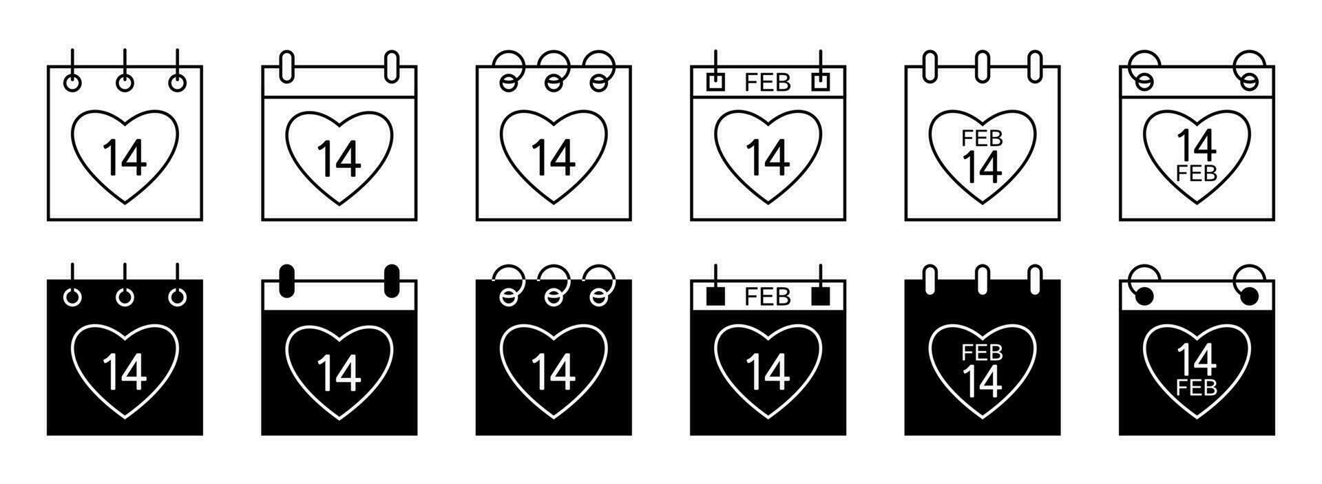 valentine's day calendar icon collection, with heart symbol. flat design isolated on white background. vector illustration