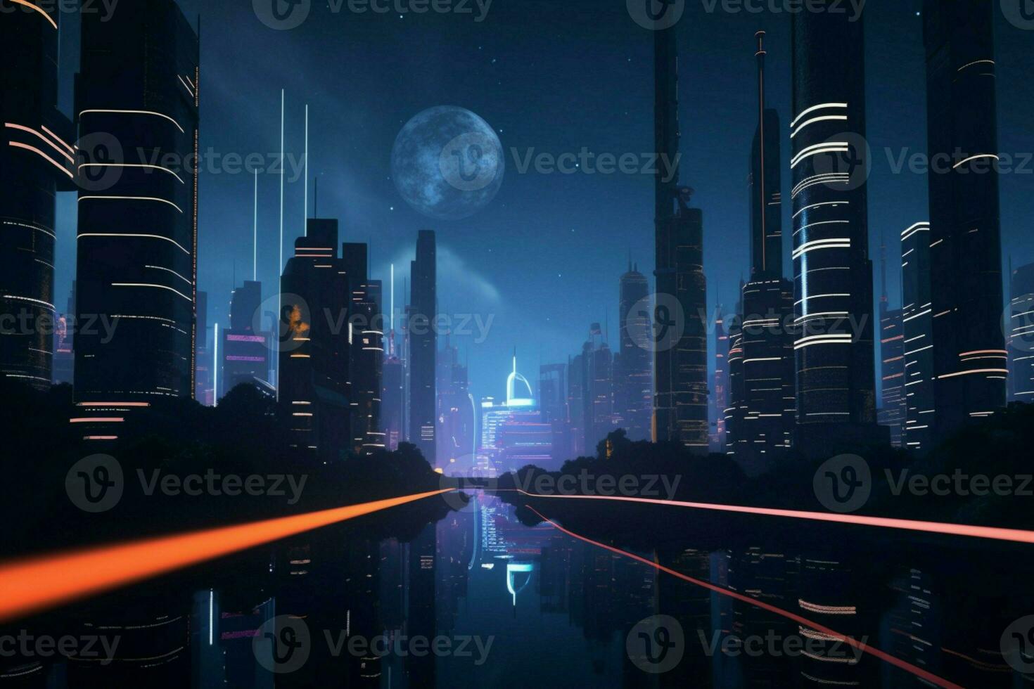 AI generated Intriguing 3D illustration a futuristic cyber cityscape illuminated in darkness photo