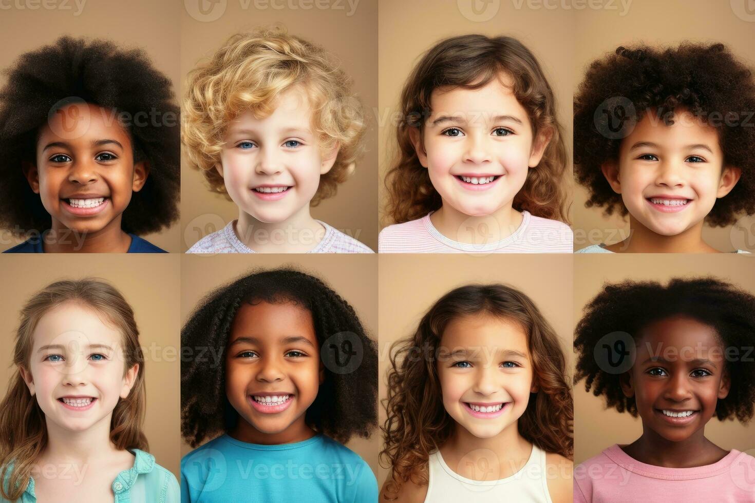 AI generated A collage of diversity childrens faces. AI generated photo