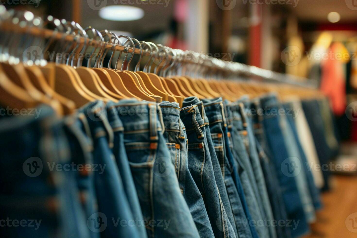 AI generated Shopping scene Denim pants display on clothing rack in store photo