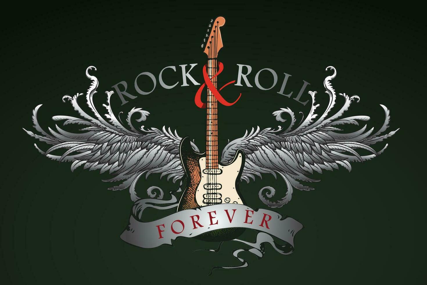 guitar with wings and the inscription rock and roll vector