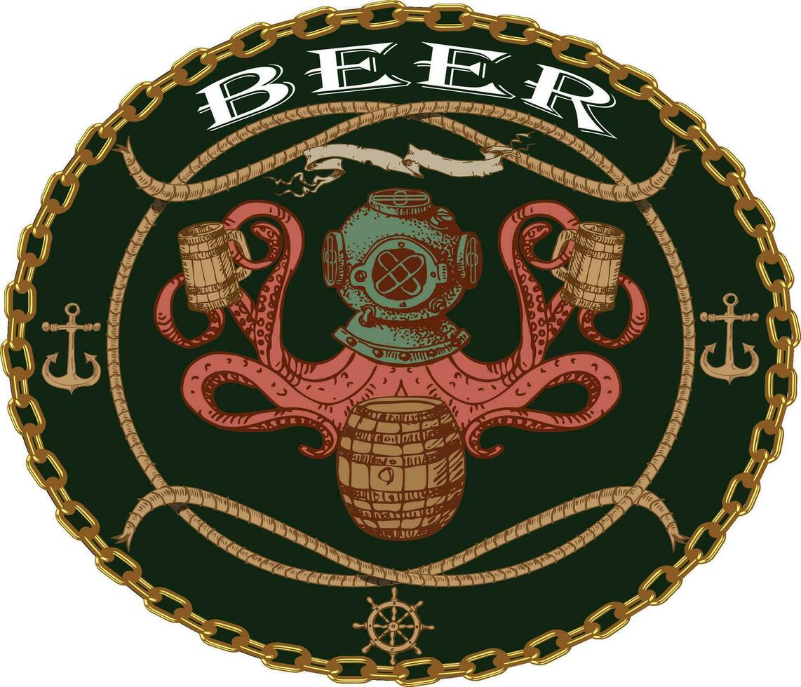 vintage beer label with a picture of kraken on a barrel with a beer mug in the style of an old engraving vector